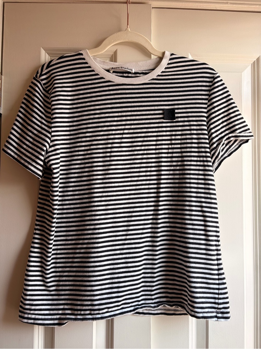Acne Studios black and white striped logo 100% cotton short sleeve t shirt M
